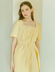 Elegant Square-Neck Midi Dress Made From Breathable Linen With A Flattering Belted Waist Design
