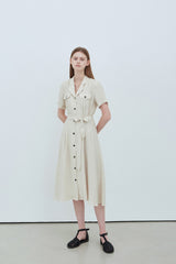 Sleeveless Midi Linen Dress with Adjustable Shoulder Ties and Waist Belt