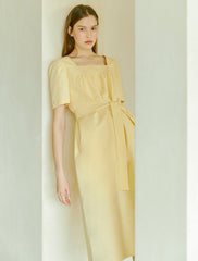 Elegant Square-Neck Midi Dress Made From Breathable Linen With A Flattering Belted Waist Design