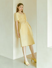 Elegant Square-Neck Midi Dress Made From Breathable Linen With A Flattering Belted Waist Design