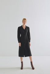 Elegant Long Sleeve Button-Down Linen Midi Dress with Tailored Waist and Flattering Fit
