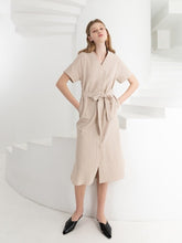 Sleeveless V-Neck Button-Down Linen Midi Dress With Waist Tie and Short Sleeves