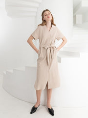 Sleeveless V-Neck Button-Down Linen Midi Dress With Waist Tie and Short Sleeves