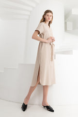 Sleeveless V-Neck Button-Down Linen Midi Dress With Waist Tie and Short Sleeves