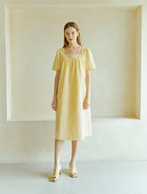 Elegant Square-Neck Midi Dress Made From Breathable Linen With A Flattering Belted Waist Design