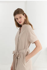 Sleeveless V-Neck Button-Down Linen Midi Dress With Waist Tie and Short Sleeves