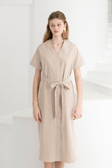 Sleeveless V-Neck Button-Down Linen Midi Dress With Waist Tie and Short Sleeves