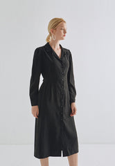 Elegant Long Sleeve Button-Down Linen Midi Dress with Tailored Waist and Flattering Fit