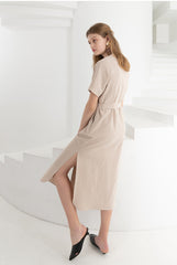 Sleeveless V-Neck Button-Down Linen Midi Dress With Waist Tie and Short Sleeves
