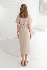 Sleeveless V-Neck Button-Down Linen Midi Dress With Waist Tie and Short Sleeves