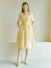 Elegant Square-Neck Midi Dress Made From Breathable Linen With A Flattering Belted Waist Design