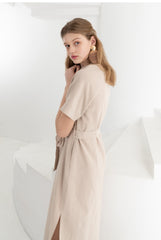 Sleeveless V-Neck Button-Down Linen Midi Dress With Waist Tie and Short Sleeves