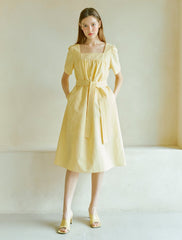 Elegant Square-Neck Midi Dress Made From Breathable Linen With A Flattering Belted Waist Design
