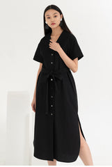 Linen Midi Shirt Dress With V-Neckline, Waist Tie Belt, Short Sleeves And Front Button Closure
