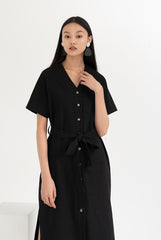 Linen Midi Shirt Dress With V-Neckline, Waist Tie Belt, Short Sleeves And Front Button Closure