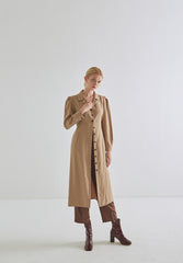 Classic Button-Down Long Sleeve Linen Dress with Waist Tie and Tailored Collar