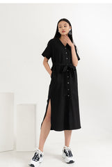 Linen Midi Shirt Dress With V-Neckline, Waist Tie Belt, Short Sleeves And Front Button Closure