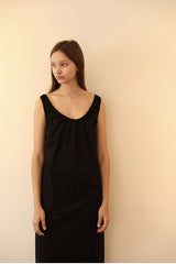 Sleeveless V-Neck Linen Midi Dress with Gathered Neckline and Relaxed Silhouette