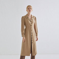 Classic Button-Down Long Sleeve Linen Dress with Waist Tie and Tailored Collar