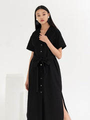 Linen Midi Shirt Dress With V-Neckline, Waist Tie Belt, Short Sleeves And Front Button Closure