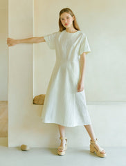 Elegant A-Line Midi Dress in Crisp Cotton Poplin with Short Sleeves and Back Tie Detail