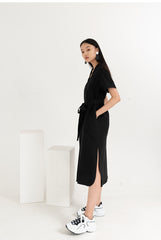 Linen Midi Shirt Dress With V-Neckline, Waist Tie Belt, Short Sleeves And Front Button Closure
