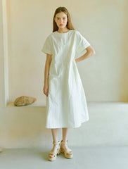 Elegant A-Line Midi Dress in Crisp Cotton Poplin with Short Sleeves and Back Tie Detail