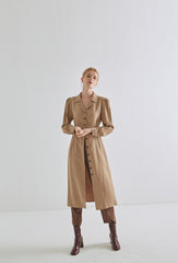 Classic Button-Down Long Sleeve Linen Dress with Waist Tie and Tailored Collar