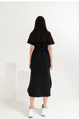 Linen Midi Shirt Dress With V-Neckline, Waist Tie Belt, Short Sleeves And Front Button Closure