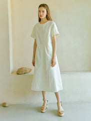 Elegant A-Line Midi Dress in Crisp Cotton Poplin with Short Sleeves and Back Tie Detail