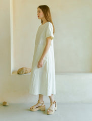 Elegant A-Line Midi Dress in Crisp Cotton Poplin with Short Sleeves and Back Tie Detail