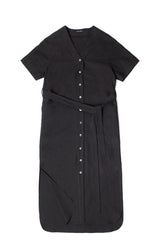 Linen Midi Shirt Dress With V-Neckline, Waist Tie Belt, Short Sleeves And Front Button Closure