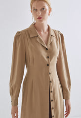 Classic Button-Down Long Sleeve Linen Dress with Waist Tie and Tailored Collar