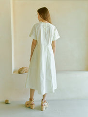 Elegant A-Line Midi Dress in Crisp Cotton Poplin with Short Sleeves and Back Tie Detail