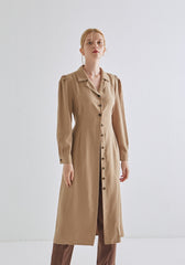 Classic Button-Down Long Sleeve Linen Dress with Waist Tie and Tailored Collar