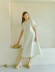 Elegant A-Line Midi Dress in Crisp Cotton Poplin with Short Sleeves and Back Tie Detail