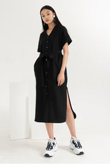 Linen Midi Shirt Dress With V-Neckline, Waist Tie Belt, Short Sleeves And Front Button Closure