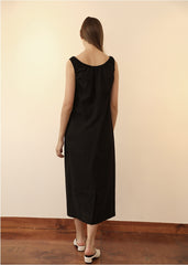 Sleeveless V-Neck Linen Midi Dress with Gathered Neckline and Relaxed Silhouette