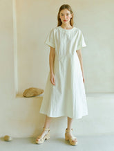 Elegant A-Line Midi Dress in Crisp Cotton Poplin with Short Sleeves and Back Tie Detail