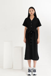 Linen Midi Shirt Dress With V-Neckline, Waist Tie Belt, Short Sleeves And Front Button Closure