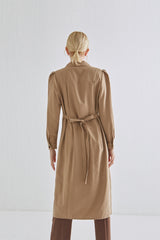 Classic Button-Down Long Sleeve Linen Dress with Waist Tie and Tailored Collar