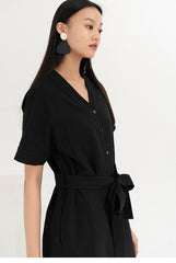 Linen Midi Shirt Dress With V-Neckline, Waist Tie Belt, Short Sleeves And Front Button Closure