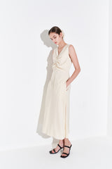 Sleeveless Linen Midi Dress for Women with V-Neckline and Draped Waist Detail – Flared Skirt