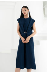 Sleeveless Asymmetric Midi Dress in Lightweight Linen with Draped Front Detail