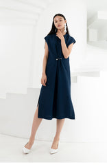 Sleeveless Asymmetric Midi Dress in Lightweight Linen with Draped Front Detail