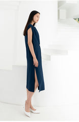 Sleeveless Asymmetric Midi Dress in Lightweight Linen with Draped Front Detail