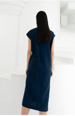 Sleeveless Asymmetric Midi Dress in Lightweight Linen with Draped Front Detail