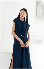 Sleeveless Asymmetric Midi Dress in Lightweight Linen with Draped Front Detail