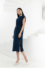 Sleeveless Asymmetric Midi Dress in Lightweight Linen with Draped Front Detail