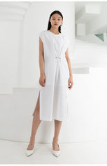 Sleeveless A-Line Linen Midi Dress with Asymmetric Hem and Box Pleats